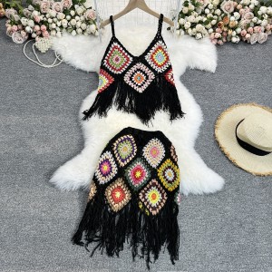 Summer Bohemian ethnic style retro hook and flower knitted tassel contrasting tank top short skirt sexy two-piece set