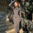 2023 Autumn New Amazon Cross border Foreign Trade Half High Collar Pit Strip Long Sleeve Skirt for Women, slimming and cinching waist dress