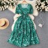 Summer vacation style retro niche design printed dress with women's waist cinched and wide swing A-line fairy long skirt