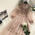 Hollow lace three-dimensional flower dreamy mesh temperament stand collar lantern sleeves high waisted two-piece fairy dress for women