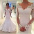 European and American Amazon wedding dress long sleeved fish tail deep V-neck sexy beige small tail wrapped hip slimming lace wedding dress