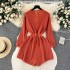 Korean chic fashionable knitted jumpsuit for women in autumn and winter, with a design sense of hollow out round neck and waist cinched sweater shorts