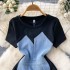 Advanced and cool style, contrasting denim patchwork dress, summer women's clothing, unique and beautiful, waist cinching, mid length skirt, trendy