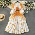 European and American style 2024 new women's dress with oversized skirt print, pleated pleats, waist cinching, and lace up for vacation