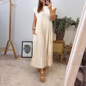 2024 autumn dress new cross-border European and American women's clothing elegant and fashionable round neck sleeveless pleated long dress