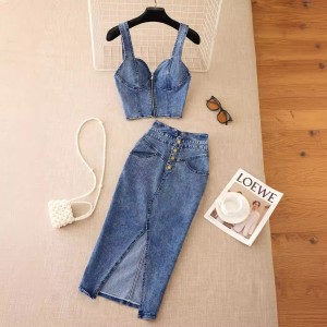 Hong Kong style ins women's suit 2020 new female sexy short style camisole vest high waisted denim skirt trendy