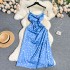 French high-end satin camisole dress for women's new design sense, drawstring tied high waist slimming polka dot dress