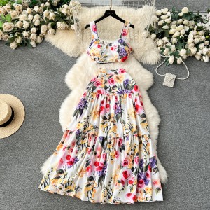 European vacation style set, women's short camisole vest, retro printed long A-line skirt, fashionable two-piece set