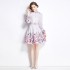 Real time spot new 2024 spring style retro temperament elegant stand up collar waist slimming print large swing dress