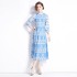 Real shot vintage blue and white porcelain printed stand up collar lantern sleeves palace waist cinching long skirt dress in stock