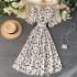 Spring and summer female French niche love pattern V-neck short sleeved waist goddess temperament knee high swing long skirt dress