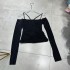 Vietnamese niche long sleeved t-shirt deconstructed with cross straps, off shoulder base, inner layer, outer layer, top A3 # 8913