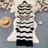 Korean style retro style lapel long sleeved wavy striped knitted dress for women's casual slimming mid length dress