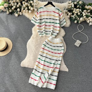 Korean Chic Retro Stripe Contrast Set Women's Loose Round Neck Short Sleeve Knitted Top High Waist Bag Hip Skirt