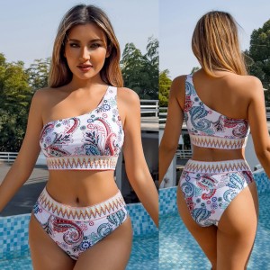 2024 Cross border New Split Swimsuit Shoulder Strap with High Waist Retro Printed European and American Foreign Trade Swimsuit Amazon