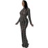 X5351 AliExpress Amazon Europe and America Fashion New Product Sexy Nightclub Hot Diamond Mesh Perspective Long Sleeve Dress