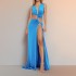 2024 European and American women's autumn Amazon new hollow knot slit V-neck sleeveless pleated irregular dress