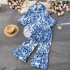 European and American fashion personalized printed suit women's lazy irregular lantern sleeve shirt+pleated wide leg pants two-piece set