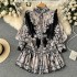 Spring and Autumn Period Fake Palace Style Medium length Stand up Collar Single breasted Lantern Sleeve Waist French pleated Printed Dress