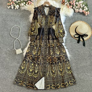 2023 Spring New Vacation Style V-neck Bubble Sleeve Printed Dress for Women, French Retro Grand Swing Knee length Skirt