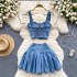 Chic Hong Kong style retro spicy girl style set short camisole vest versatile mini skirt denim two-piece set trendy