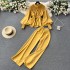 French style high-end round neck lantern long sleeved waist shirt+high waist slimming casual wide leg pants two-piece set