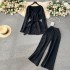 Autumn and Winter Lazy Style Loose Knitted Set Women's Medium to Long Waist Sweater Coat Wide Leg Pants Fashionable Two Piece Set