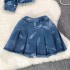 Fashionable set of women's spicy girl tassel irregular strapless denim top two-piece set, high waist slimming A-line skirt