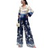 European and American cross-border spot women's clothing 2024 new fashion positioning printed loose long sleeved top wide leg pants two-piece set