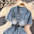 Retro Hong Kong style denim dress for women in the summer of 2024, with a high-end temperament and a slimming waist. Medium length skirt