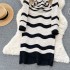 Korean style retro style lapel long sleeved wavy striped knitted dress for women's casual slimming mid length dress