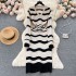 Korean style retro style lapel long sleeved wavy striped knitted dress for women's casual slimming mid length dress