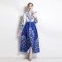 2023 Spring New Vacation Style V-neck Bubble Sleeve Printed Dress for Women, French Retro Grand Swing Knee length Skirt