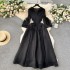 European court style dress for women with a design sense, tassel V-neck slim fit long three bedroom pleated flared sleeve dress for women