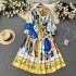 New Queen's Style Fake Niche Style Lantern Long Sleeve Strap Graffiti Printed Stand up Collar Long Dress for Women