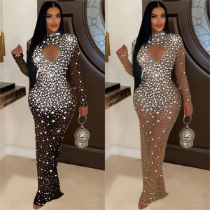 C6993 Cross border AliExpress Amazon Independent Station European and American Fashion Women's Round Neck Hot Diamond Dress Long Dress New