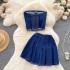 This year's popular fashion outfit is a spicy girl style sexy strapless versatile short pleated skirt denim two-piece set