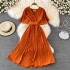 2023 summer new V-neck short sleeved dress with knee length slimming temperament, waist cinching, lace up, large swing, pleated long skirt