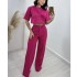 European and American Cross border Spot 2024 New Fashion Cotton and Hemp Short Top, High Waist and Wide Leg Suit Pants, Women's Set