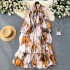 French retro light mature style bow tie lantern long sleeved print cinched waist slimming temperament chiffon dress trendy