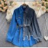 Cowboy patchwork lapel dress autumn and winter new Korean version waist cinching slimming irregular mid length shirt 480g