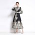 Palace style retro printed temperament polo collar shirt long skirt autumn and winter new style high-end French waist cinching dress