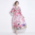 Real time spot 2024 early spring temperament retro print V-neck high waist slimming long dress