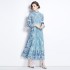 Real time shooting of autumn clothing, new high-end lace printed hollow out long dress with large swing in stock