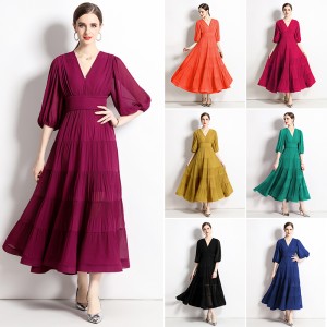 Real shot in stock, elegant socialite with high waist, bubble sleeves, pleated V-neck, large swing, long skirt in multiple colors