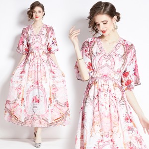 2024 in stock new fashionable V-neck short sleeved high waisted slimming floral long piece sweet big swing dress