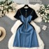 Korean style outfit design sense fake two short sleeved contrasting splicing denim camisole skirt zipper slim fit short dress