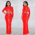 C6028 Cross border AliExpress Amazon Europe and America Fashion Women's Wear Mesh Hot Diamond Perspective Long Sleeve Long Skirt Two Piece Set