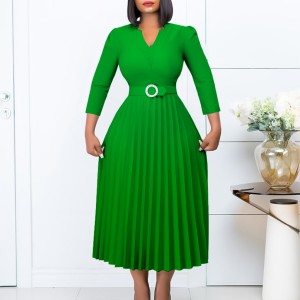 D426 independent station foreign trade women's clothing 2023 autumn new item V-neck fashionable temperament elegant pleated skirt European and American dress