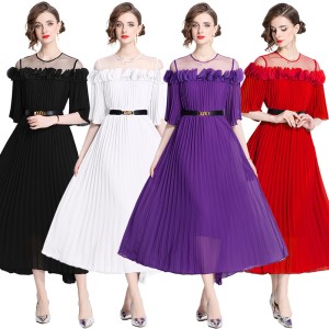 2024 mesh splicing three-dimensional petal pleated dress with heavy temperament and pleated skirt